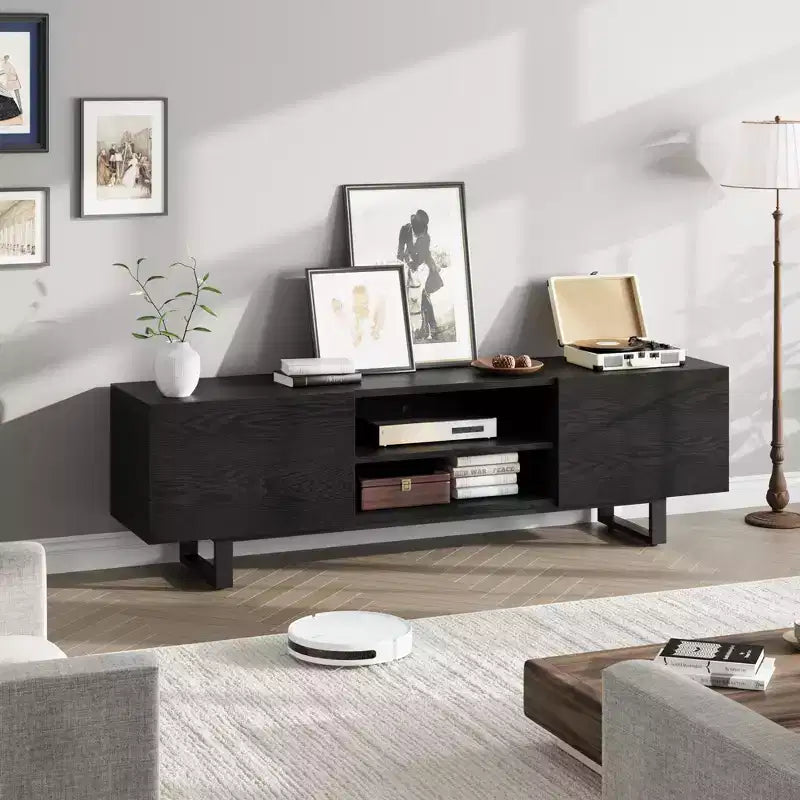Meuble TV industriel pour 80 pouces, centre de divertissement moderne avec 2 tiroirs, meuble multimédia en bois avec pieds robustes et rangement ouvert