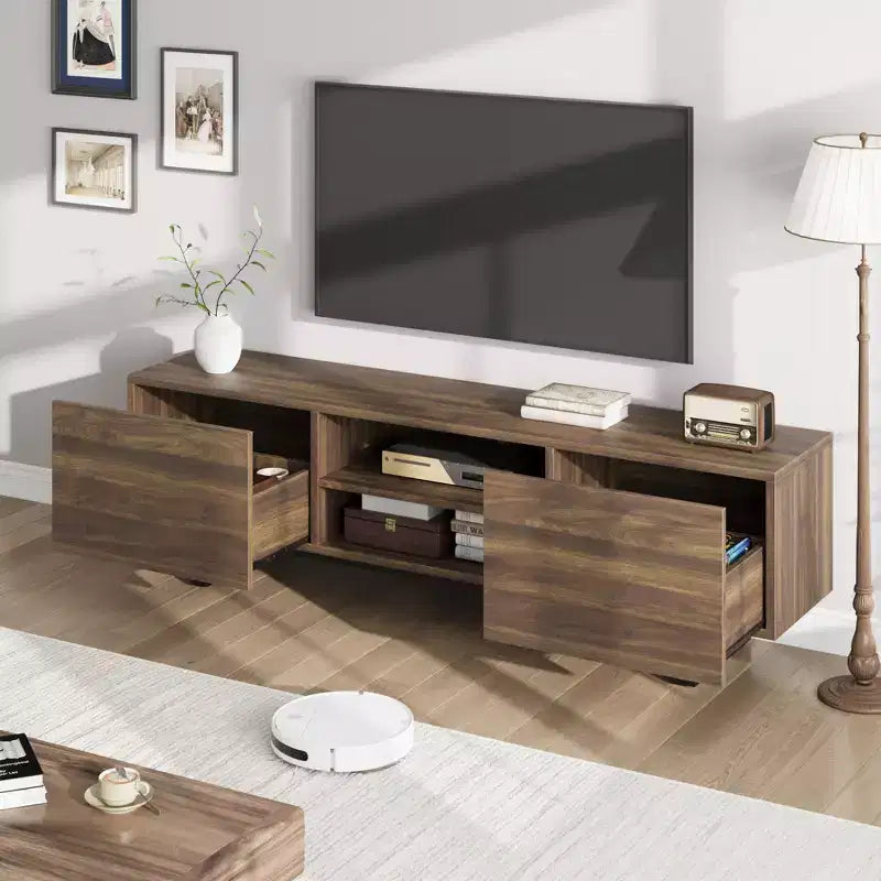 Meuble TV industriel pour 80 pouces, centre de divertissement moderne avec 2 tiroirs, meuble multimédia en bois avec pieds robustes et rangement ouvert