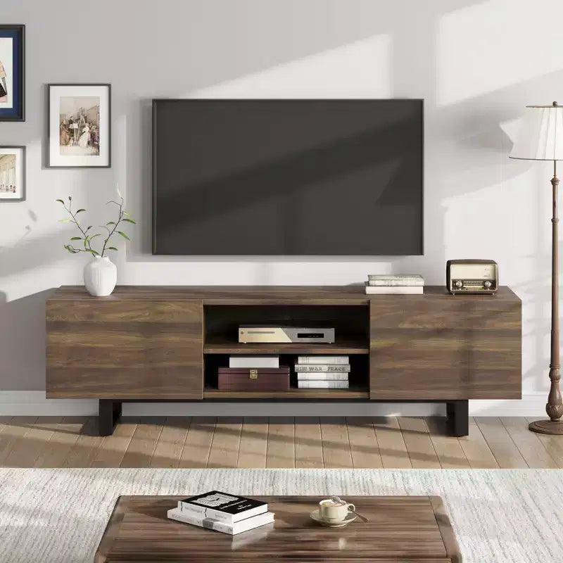 Meuble TV industriel pour 80 pouces, centre de divertissement moderne avec 2 tiroirs, meuble multimédia en bois avec pieds robustes et rangement ouvert