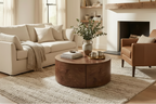 JVNOXK 28.4-Inch Walnut Rotating Coffee Table with 2 Hidden Drawers, 360 Rotatable Tabletop, Natural Wood Grain, for Living Room, Walnut