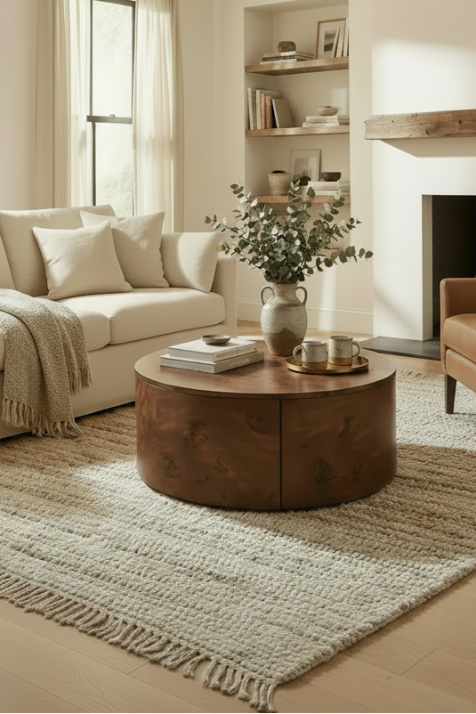 Table basse rotative en noyer de 72 cm avec 2 tiroirs cachés, plateau rotatif à 360°, grain de bois naturel, pour salon, noyer