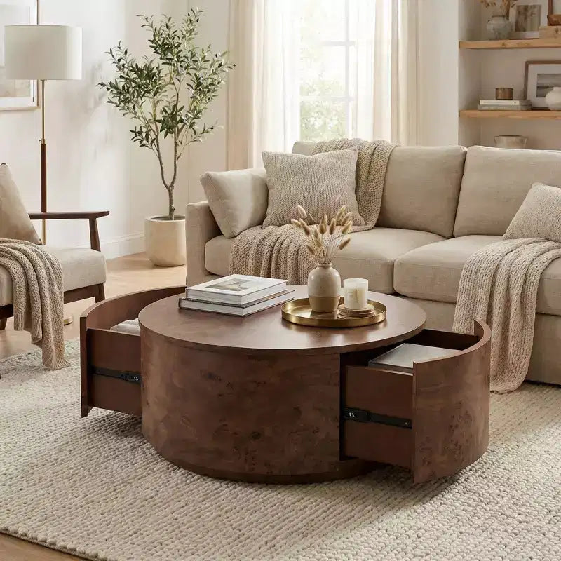 28.4-Inch Walnut Rotating Coffee Table with 2 Hidden Drawers, 360 Rotatable Tabletop, Natural Wood Grain, for Living Room, Walnut