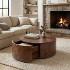 Table basse rotative en noyer de 72 cm avec 2 tiroirs cachés, plateau rotatif à 360°, grain de bois naturel, pour salon, noyer
