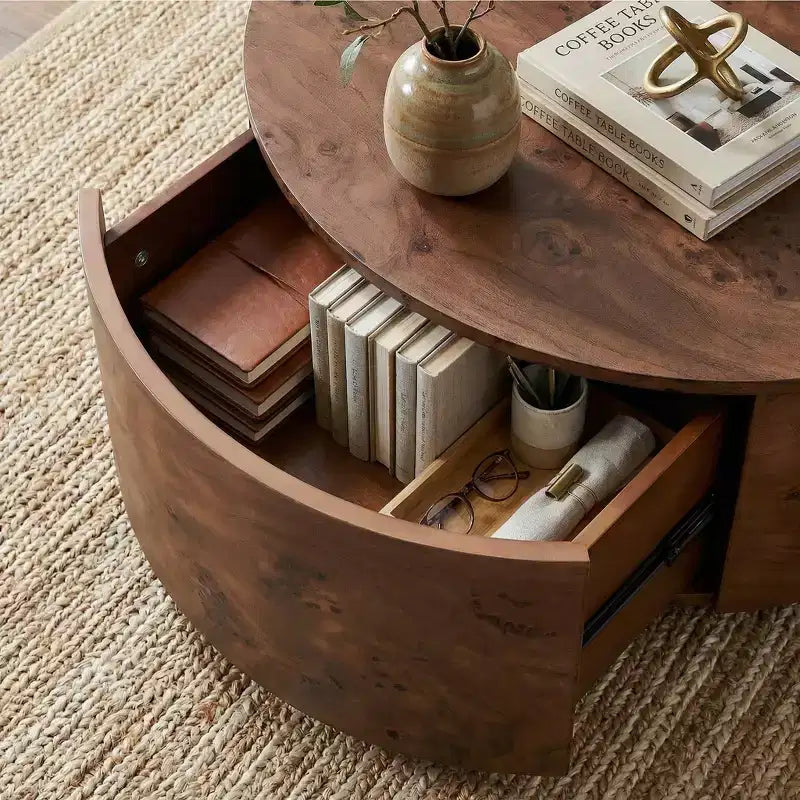 Table basse rotative en noyer de 72 cm avec 2 tiroirs cachés, plateau rotatif à 360°, grain de bois naturel, pour salon, noyer