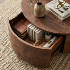 Table basse rotative en noyer de 72 cm avec 2 tiroirs cachés, plateau rotatif à 360°, grain de bois naturel, pour salon, noyer