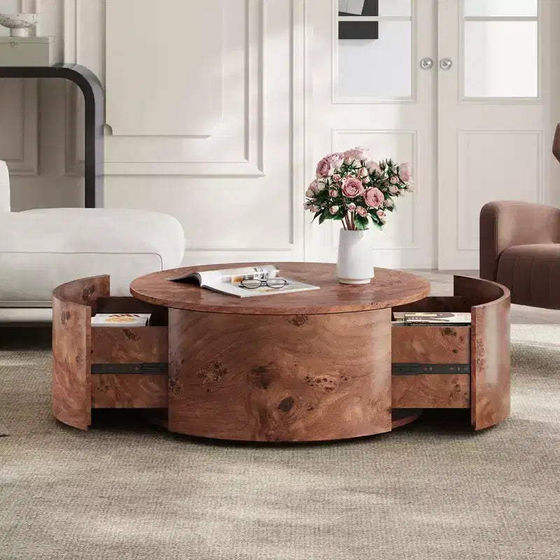 Table basse rotative en noyer de 72 cm avec 2 tiroirs cachés, plateau rotatif à 360°, grain de bois naturel, pour salon, noyer