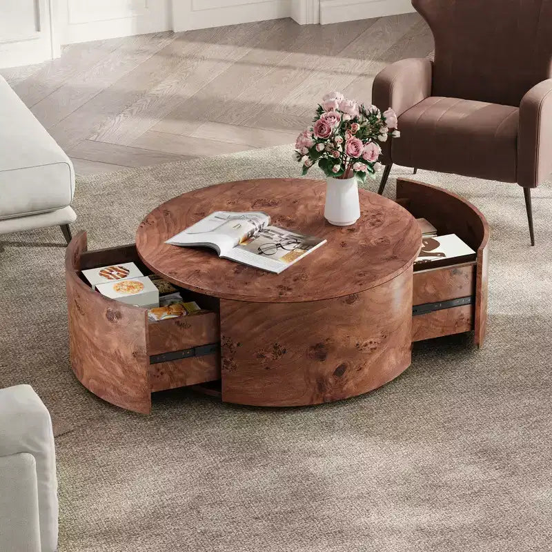 Table basse rotative en noyer de 72 cm avec 2 tiroirs cachés, plateau rotatif à 360°, grain de bois naturel, pour salon, noyer