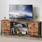 Meuble TV commode marron de 160 cm pour téléviseurs jusqu'à 70 pouces, meuble de divertissement avec 4 tiroirs, étagères ouvertes, rangement pour chambre et salon.