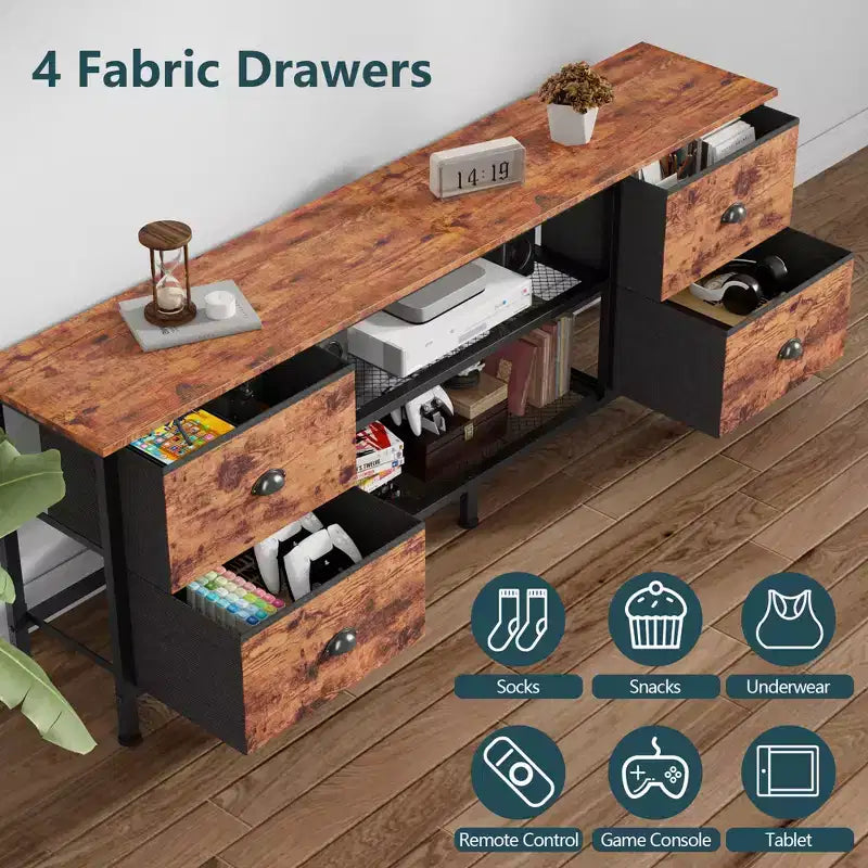 Meuble TV commode marron de 160 cm pour téléviseurs jusqu'à 70 pouces, meuble de divertissement avec 4 tiroirs, étagères ouvertes, rangement pour chambre et salon.