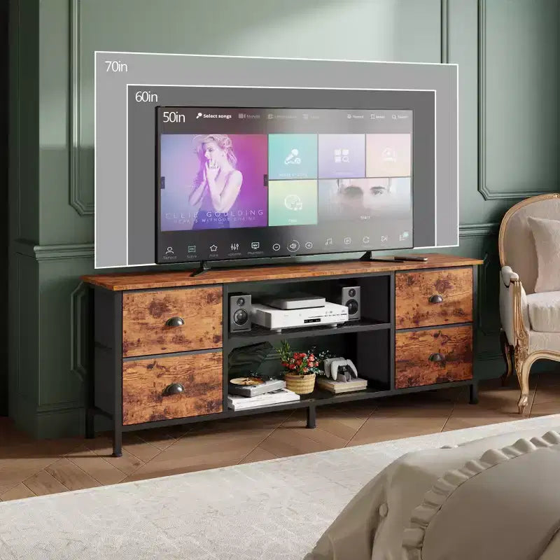 Meuble TV commode marron de 160 cm pour téléviseurs jusqu'à 70 pouces, meuble de divertissement avec 4 tiroirs, étagères ouvertes, rangement pour chambre et salon.