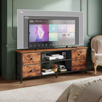 Meuble TV commode marron de 160 cm pour téléviseurs jusqu'à 70 pouces, meuble de divertissement avec 4 tiroirs, étagères ouvertes, rangement pour chambre et salon.