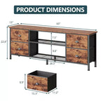 Meuble TV commode marron de 160 cm pour téléviseurs jusqu'à 70 pouces, meuble de divertissement avec 4 tiroirs, étagères ouvertes, rangement pour chambre et salon.