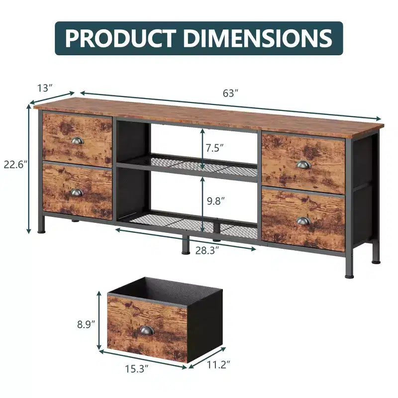 Meuble TV commode marron de 160 cm pour téléviseurs jusqu'à 70 pouces, meuble de divertissement avec 4 tiroirs, étagères ouvertes, rangement pour chambre et salon.