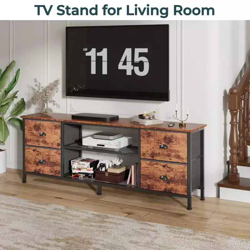 Meuble TV commode marron de 160 cm pour téléviseurs jusqu'à 70 pouces, meuble de divertissement avec 4 tiroirs, étagères ouvertes, rangement pour chambre et salon.