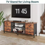 Meuble TV commode marron de 160 cm pour téléviseurs jusqu'à 70 pouces, meuble de divertissement avec 4 tiroirs, étagères ouvertes, rangement pour chambre et salon.