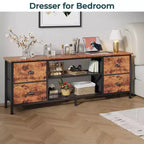 Meuble TV commode marron de 160 cm pour téléviseurs jusqu'à 70 pouces, meuble de divertissement avec 4 tiroirs, étagères ouvertes, rangement pour chambre et salon.