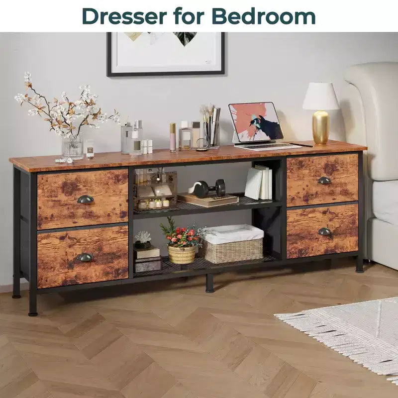Meuble TV commode marron de 160 cm pour téléviseurs jusqu'à 70 pouces, meuble de divertissement avec 4 tiroirs, étagères ouvertes, rangement pour chambre et salon.