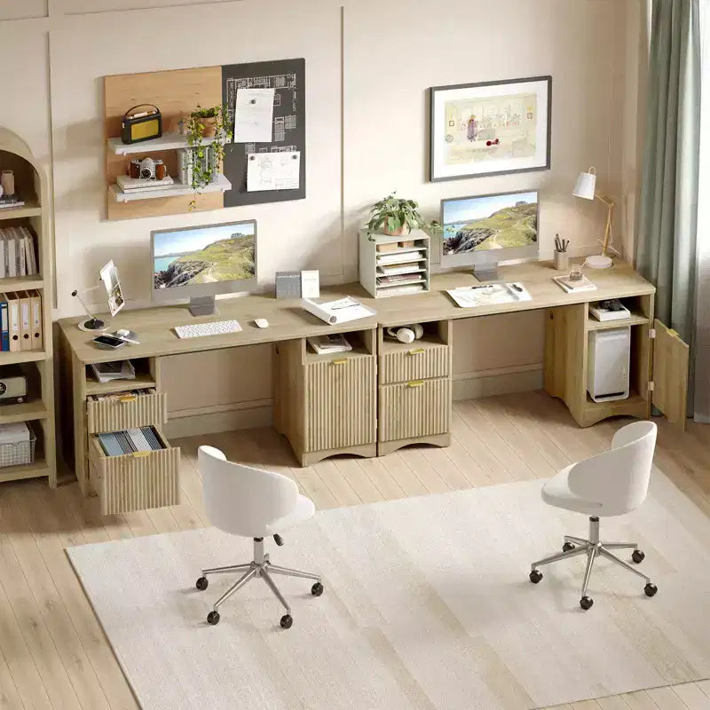 59Bureau de direction moderne avec rangement, bureau à domicile en bois avec 2 tiroirs et 3 armoires, bureau d'écriture cannelé pour bureau et salon