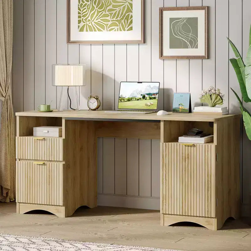 59Bureau de direction moderne avec rangement, bureau à domicile en bois avec 2 tiroirs et 3 armoires, bureau d'écriture cannelé pour bureau et salon