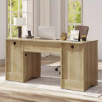 59Bureau de direction moderne avec rangement, bureau à domicile en bois avec 2 tiroirs et 3 armoires, bureau d'écriture cannelé pour bureau et salon
