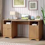 59Bureau de direction moderne avec rangement, bureau à domicile en bois avec 2 tiroirs et 3 armoires, bureau d'écriture cannelé pour bureau et salon