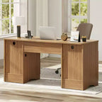 59Bureau de direction moderne avec rangement, bureau à domicile en bois avec 2 tiroirs et 3 armoires, bureau d'écriture cannelé pour bureau et salon