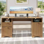 Bestier 59Modern Executive Desk with Storage,Wood Home Office Desk with 2 Drawers & 3 Cabinet,Fluted Writing Desk for Study & Living Room