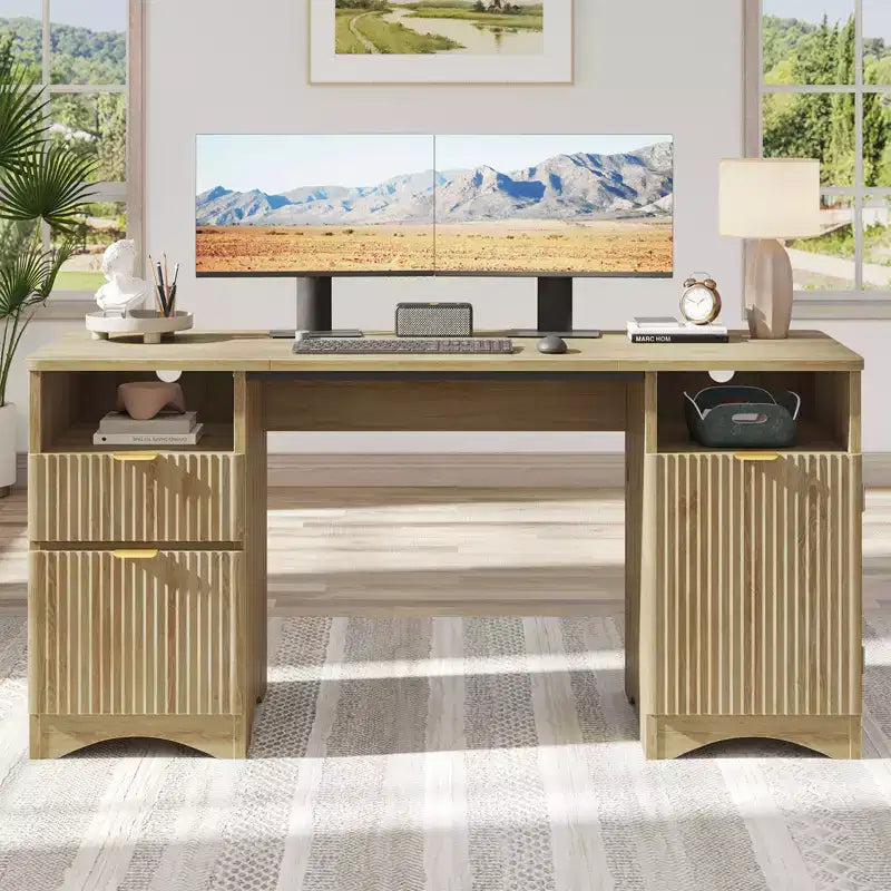 59Bureau de direction moderne avec rangement, bureau à domicile en bois avec 2 tiroirs et 3 armoires, bureau d'écriture cannelé pour bureau et salon