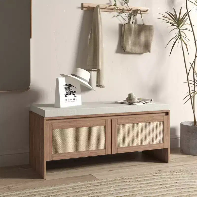Banc de rangement à chaussures en rotin avec coussin, meuble à chaussures compact pour entrée avec portes, organisateur pour petits espaces, range-chaussures caché avec assise