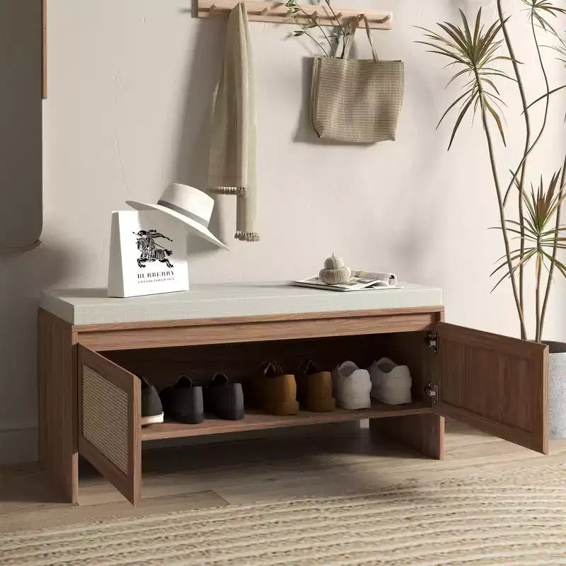 Banc de rangement à chaussures en rotin avec coussin, meuble à chaussures compact pour entrée avec portes, organisateur pour petits espaces, range-chaussures caché avec assise
