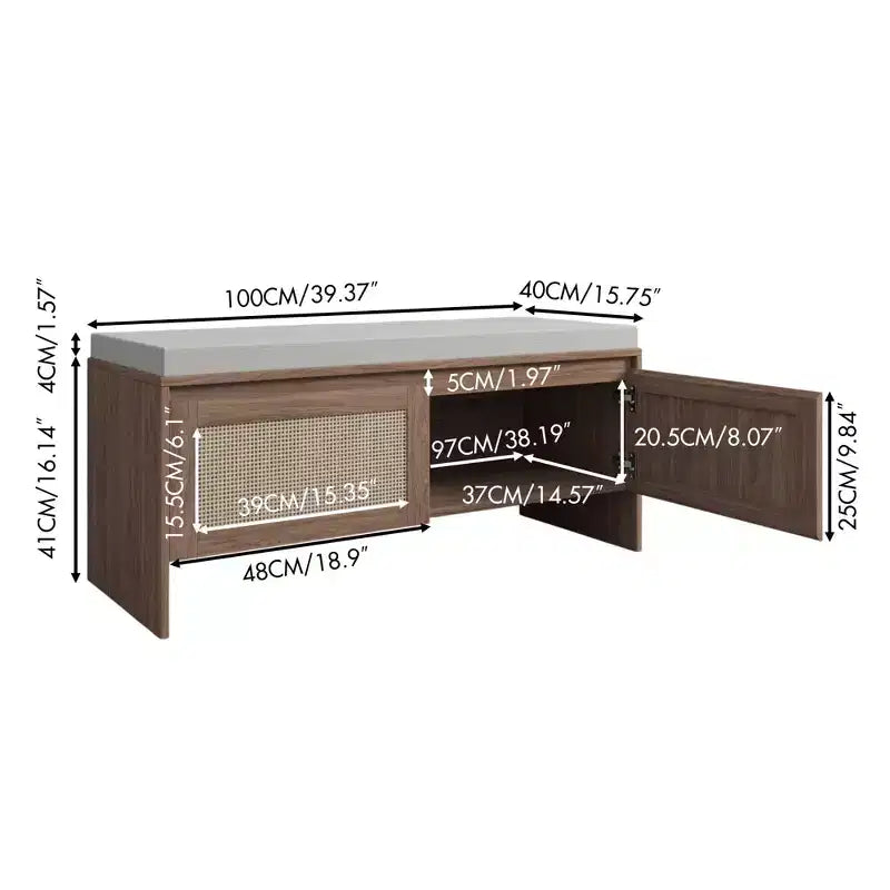 Banc de rangement à chaussures en rotin avec coussin, meuble à chaussures compact pour entrée avec portes, organisateur pour petits espaces, range-chaussures caché avec assise