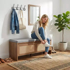 Banc de rangement à chaussures en rotin avec coussin, meuble à chaussures compact pour entrée avec portes, organisateur pour petits espaces, range-chaussures caché avec assise