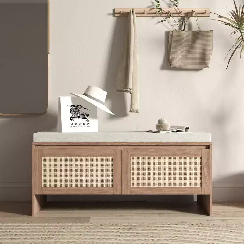 Banc de rangement à chaussures en rotin avec coussin, meuble à chaussures compact pour entrée avec portes, organisateur pour petits espaces, range-chaussures caché avec assise