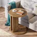Lantine C-Shaped Solid Wood Round End Table, Farmhouse Accent Side Table for Sofa and Bedside, Living Room, Bedroom, Brown, Easy Assembly