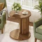 Table d'appoint ronde en bois massif en forme de C, table d'appoint pour canapé et chevet, salon, chambre, marron, montage facile